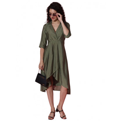 Roneclick Women's Casual 3-4th Sleeve Solid Chanderi silk Dress (Olive-Green)