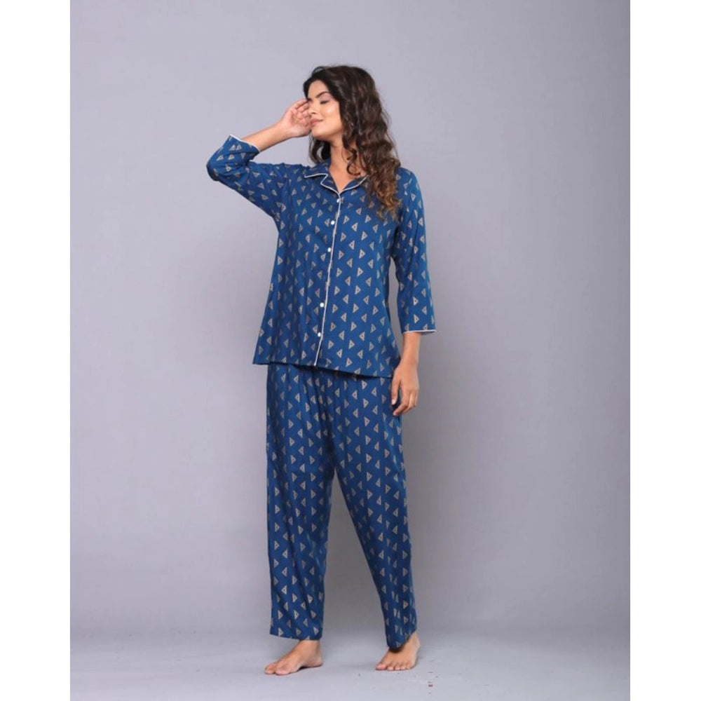 Roneclick Women's Casual Rayon 3-4th Sleeve Night Suit Set (Blue)