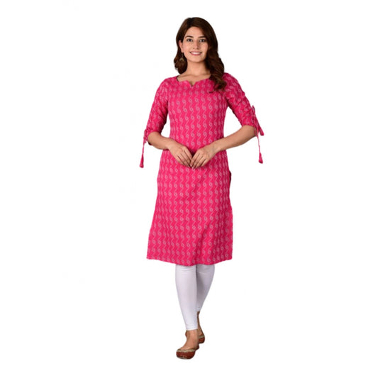 Roneclick Women's Casual Cotton 3-4th Sleeve Kurti (Pink)