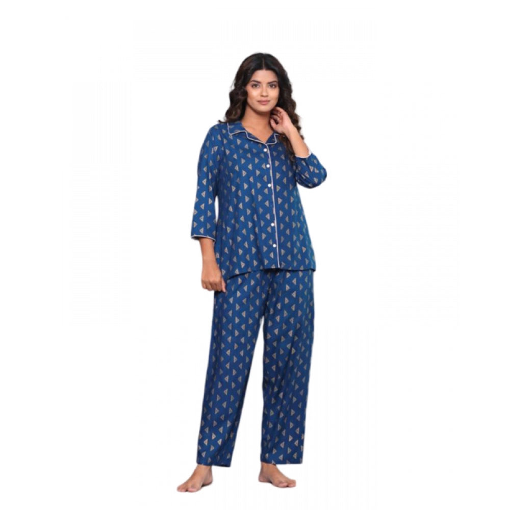 Roneclick Women's Casual Rayon 3-4th Sleeve Night Suit Set (Blue)