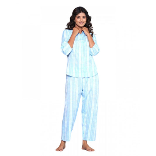 Roneclick Women's Casual Cotton 3-4th Sleeve Full Night Suit Set (Aqua)