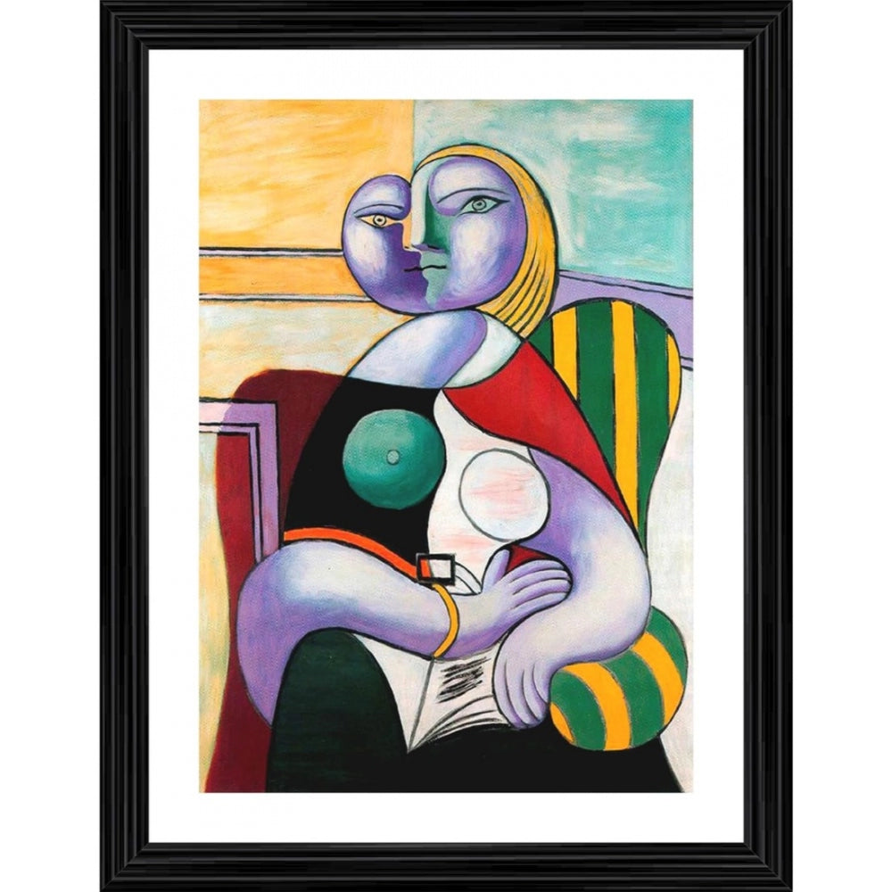 Roneclick Reading 1932 Painting With Wood Photo Frame (Multicolor)