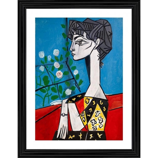 Roneclick Jacqueline with flowers 1954 Painting With Wood Photo Frame (Multicolor)