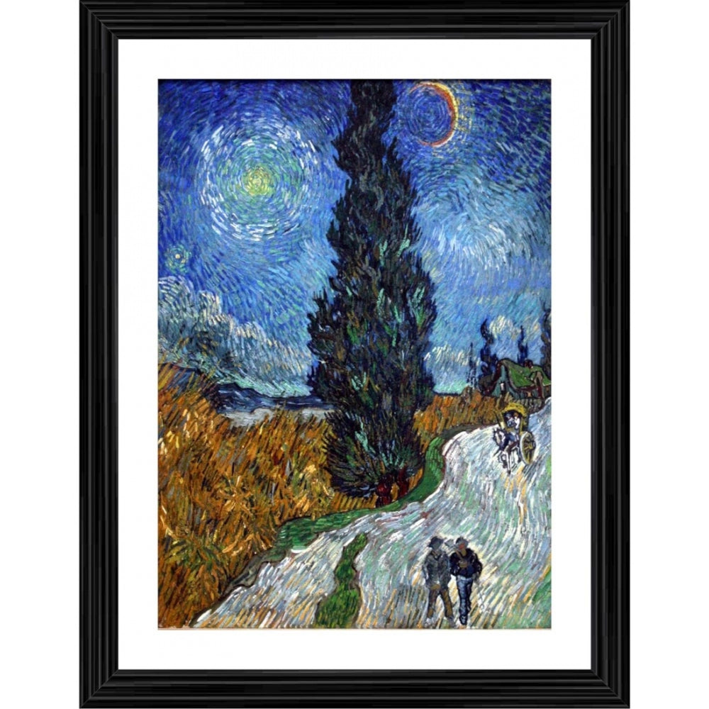 Roneclick Road with Cypress and Star 1890 Painting With Wood Photo Frame (Multicolor)