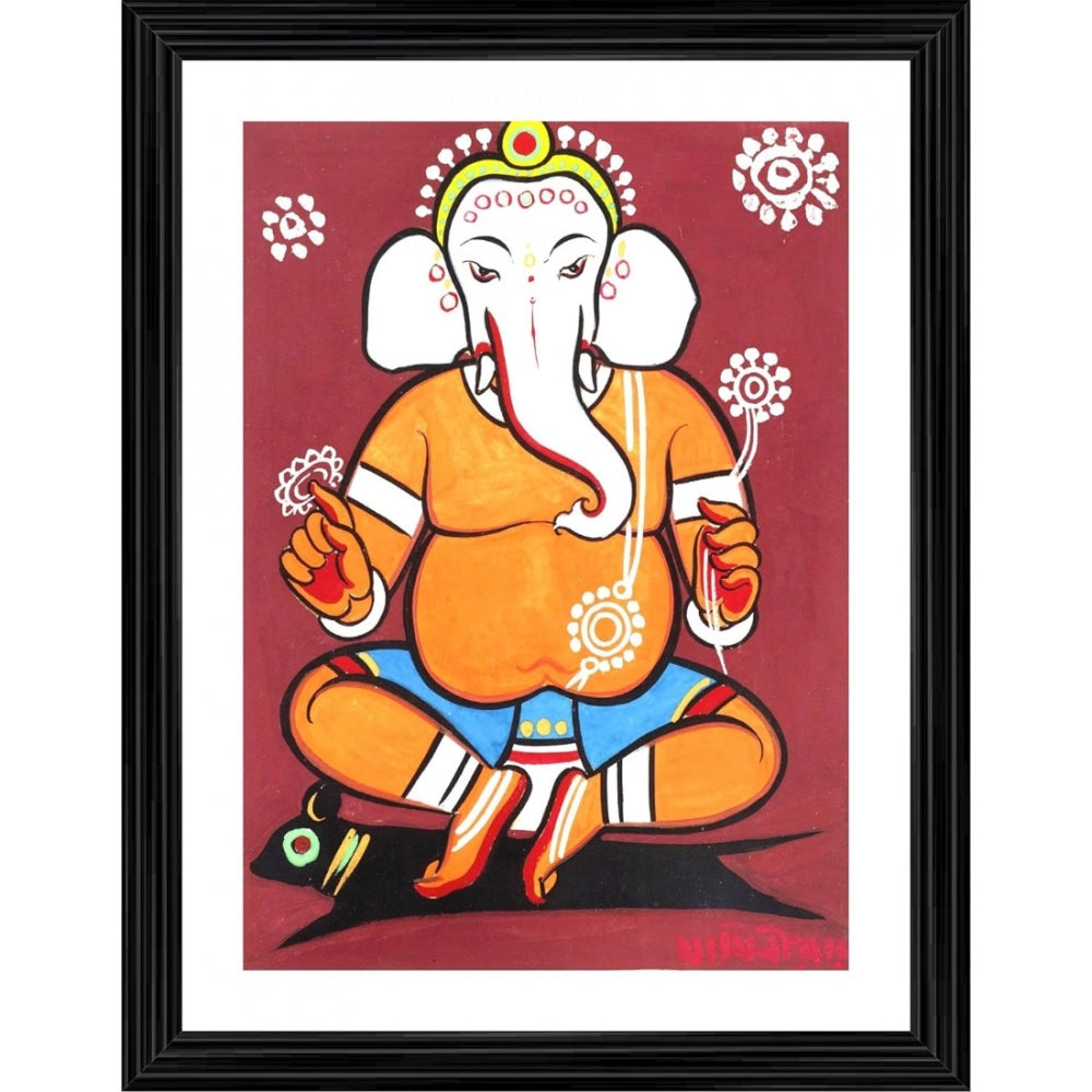 Generic Ganesh Painting With Wood Photo Frame (Multicolor)