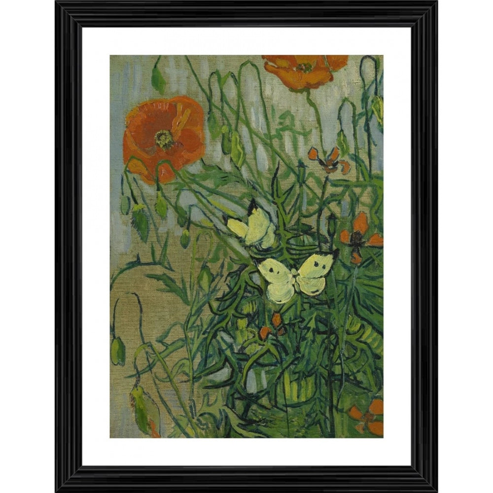 Roneclick Butterflies and Poppies 1889 Painting With Wood Photo Frame (Multicolor)