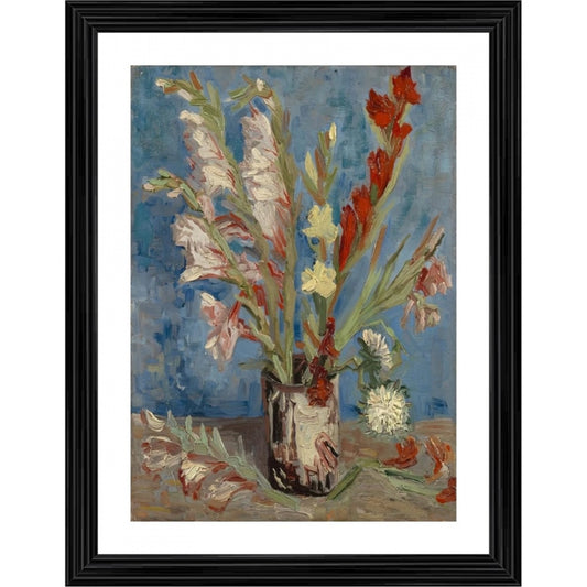 Roneclick Vase with Gladioli and Chinese Asters 1886 Painting With Wood Photo Frame (Multicolor)