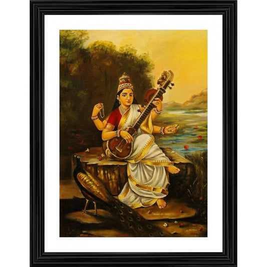 Roneclick Goddess Saraswati with Sitar Peacock 1896 Painting With Wood Photo Frame (Multicolor)