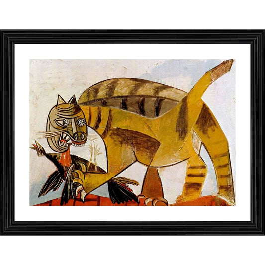 Roneclick Cat Devouring A Bird 1939 Painting With Wood Photo Frame (Multicolor)