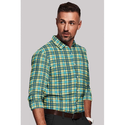 Roneclick Men's Cotton Blended Checked Full Sleeve Shirt (Green-Yellow)