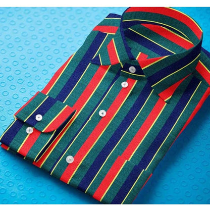 Roneclick Men's Cotton Blended Striped Full Sleeve Shirt (Red-Green)