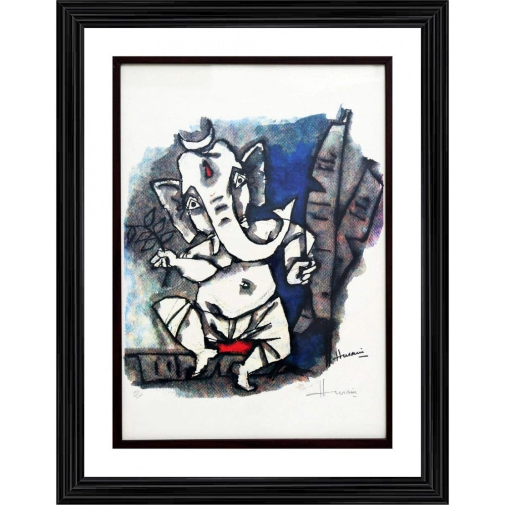 Roneclick Ganesha Dances Painting With Wood Photo Frame (Multicolor)