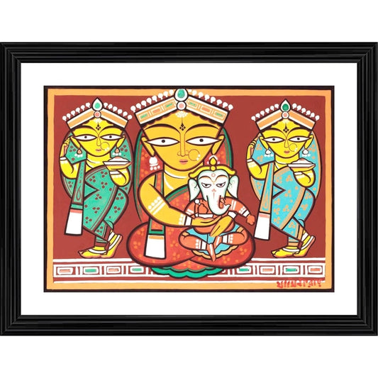 Roneclick Parvati Ganesh Painting With Wood Photo Frame (Multicolor)