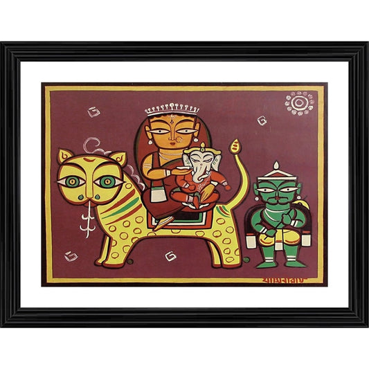 Roneclick Parvati Ganesh on Vaahan Painting With Wood Photo Frame (Multicolor)