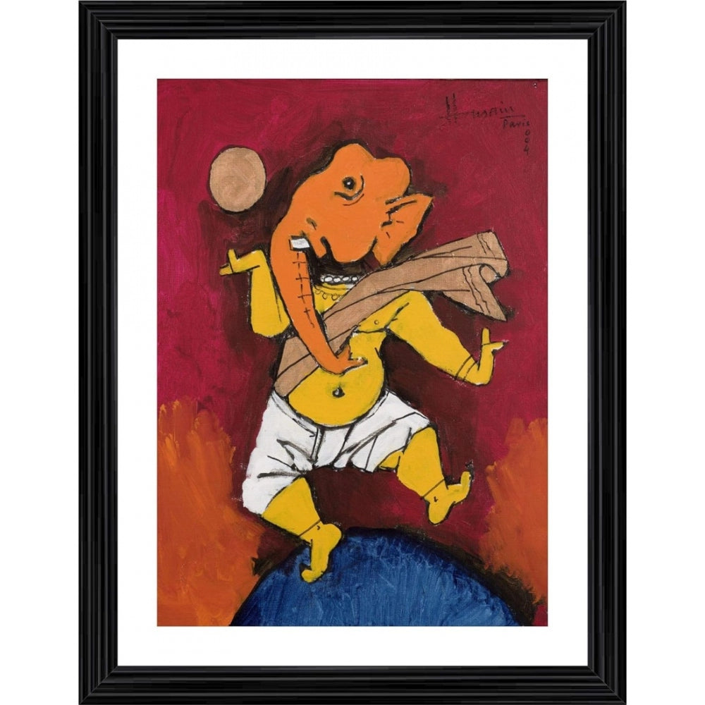 Roneclick Ganesh and the Moon Painting With Wood Photo Frame (Multicolor)