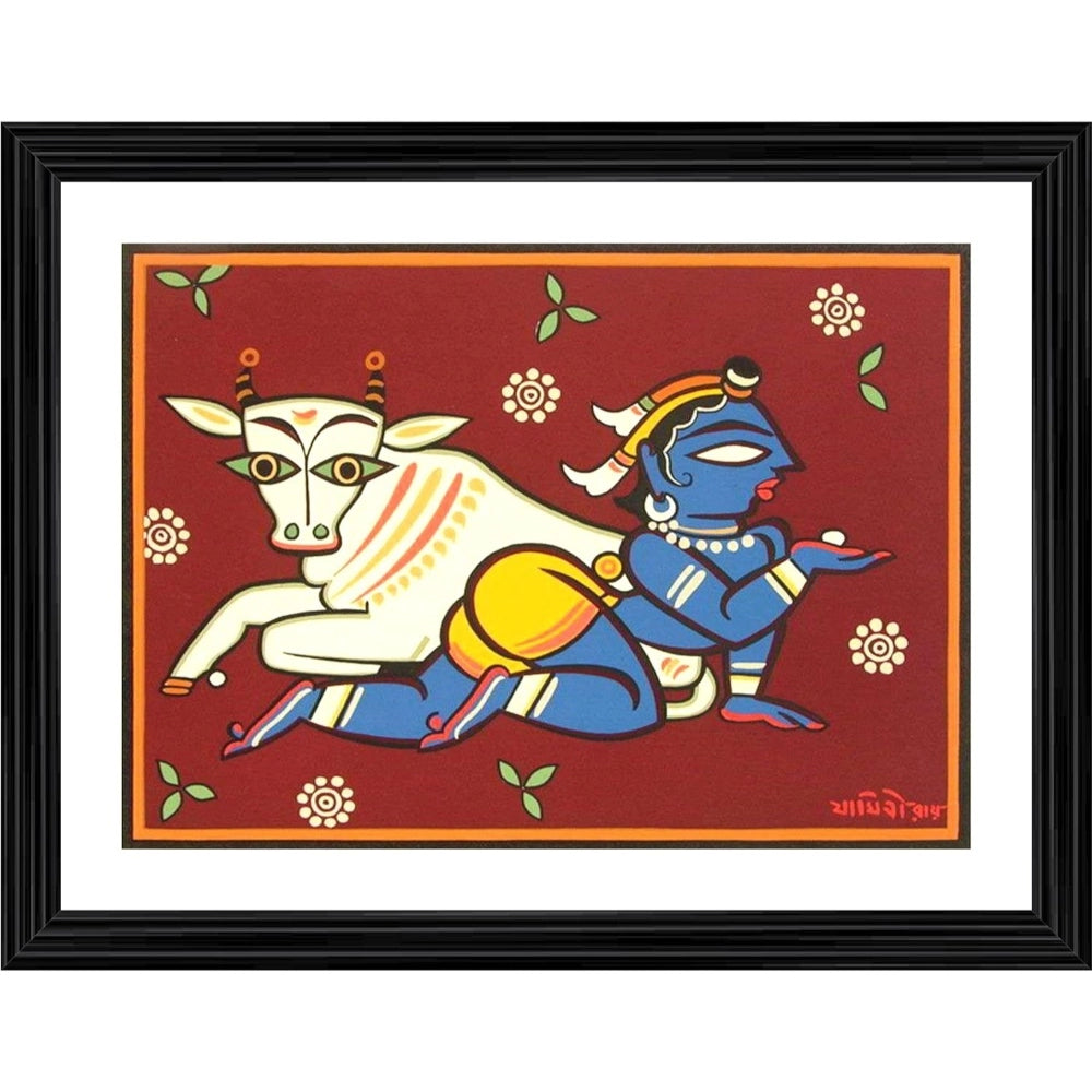 Roneclick Bal Krishna and Cow Painting With Wood Photo Frame (Multicolor)