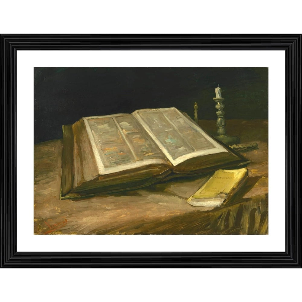 Roneclick Still Life with Bible 1885 Painting With Wood Photo Frame (Multicolor)