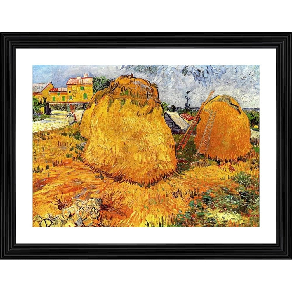 Roneclick Haystacks in Provence 1888 Painting With Wood Photo Frame (Multicolor)