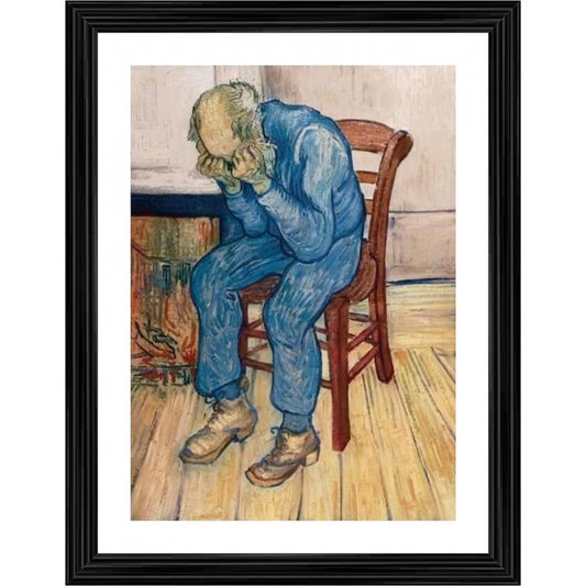 Roneclick Worn Out Old Man in Sorrow 1982 Painting With Wood Photo Frame (Multicolor)