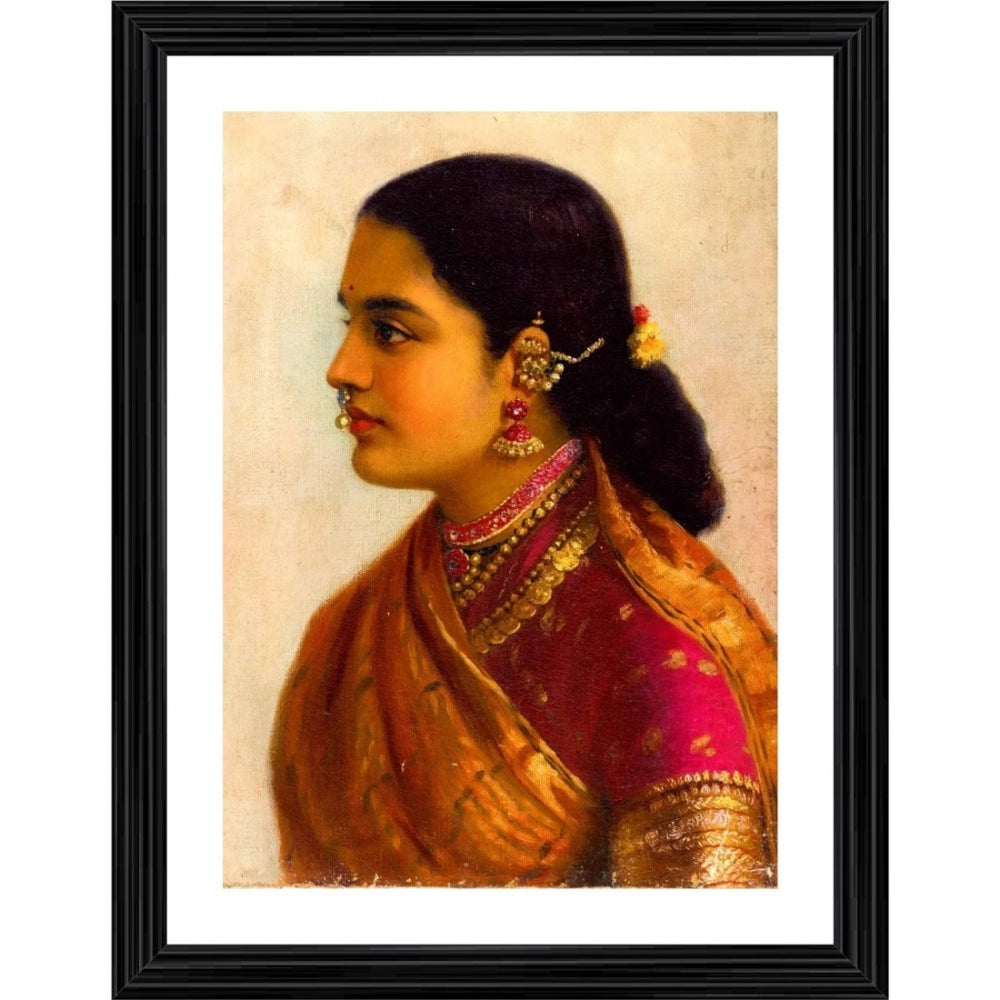 Roneclick Lady in Crimson Red Saree 1900 Painting With Wood Photo Frame (Multicolor)