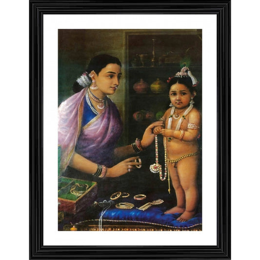 Roneclick Yashoda Bal Krishna with Cow 1879 Painting With Wood Photo Frame (Multicolor)