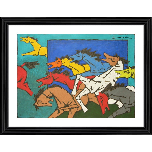 Roneclick Village Horses Painting With Wood Photo Frame (Multicolor)