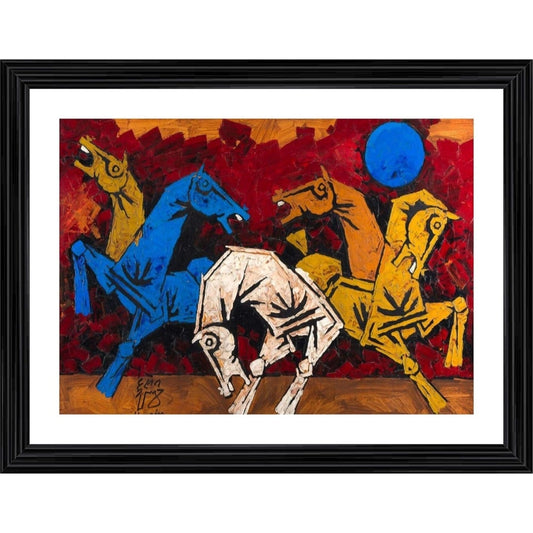 Roneclick Five Horses Painting With Wood Photo Frame (Multicolor)