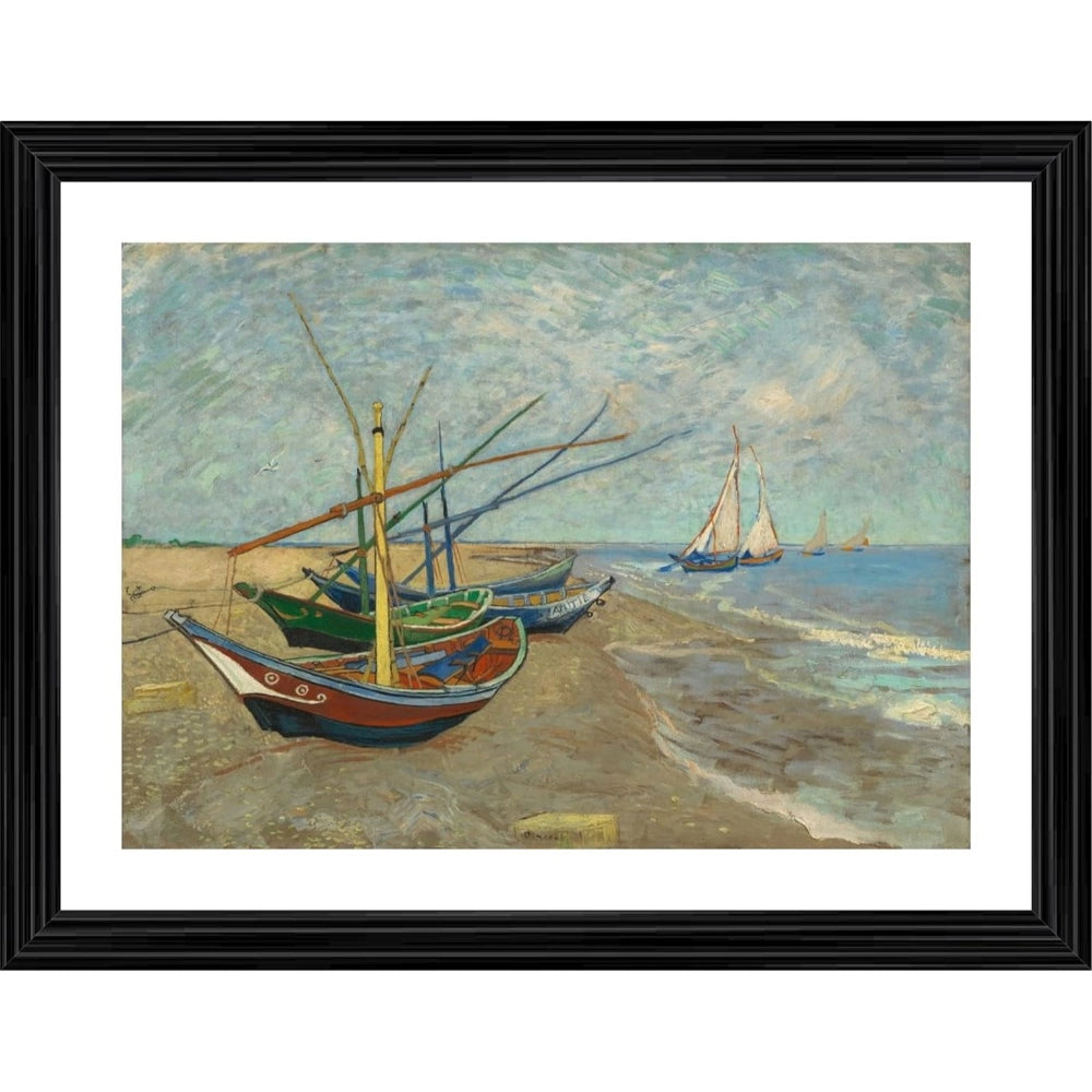 Roneclick Fishing Boats on the Beach 1888 Painting With Wood Photo Frame (Multicolor)