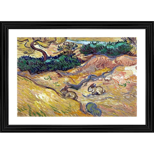 Roneclick Landscape with Rabbits 1889 Painting With Wood Photo Frame (Multicolor)