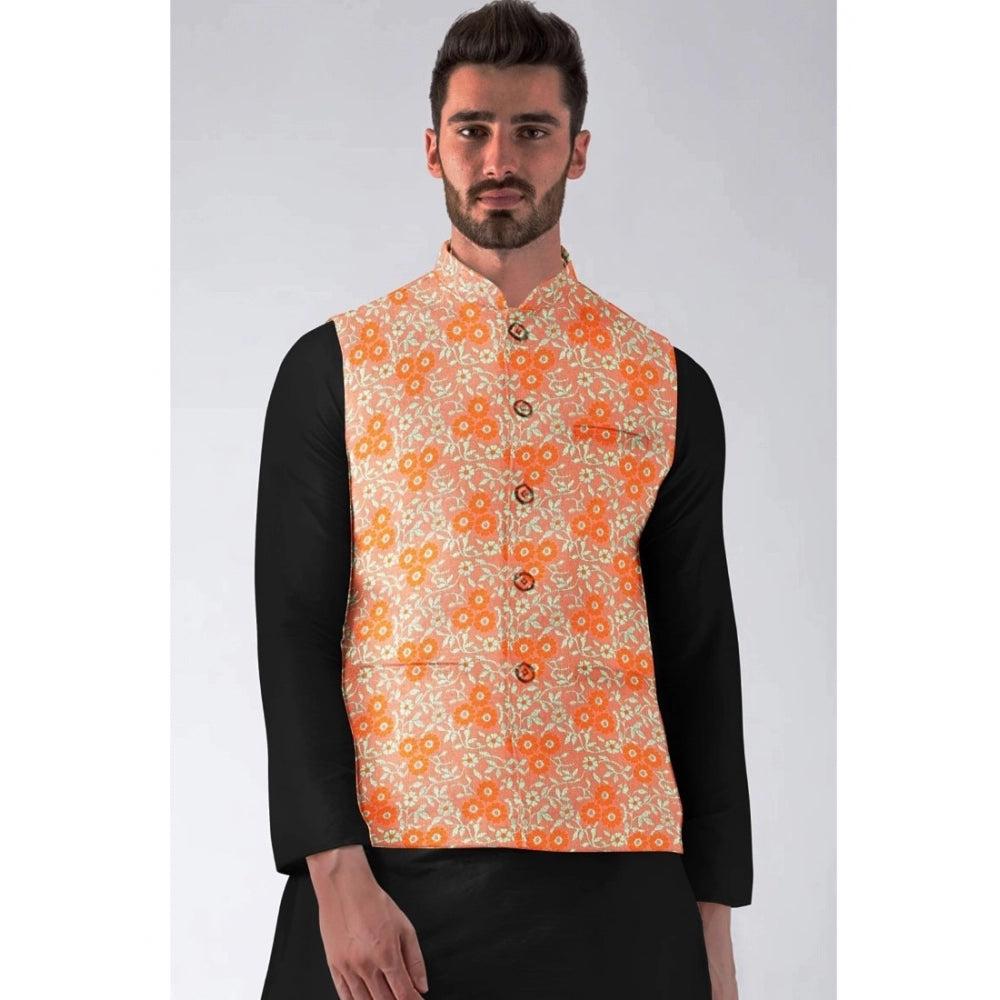 Roneclick Men's Jacquard Printed Full Sleeve Waistcoat (Orange)