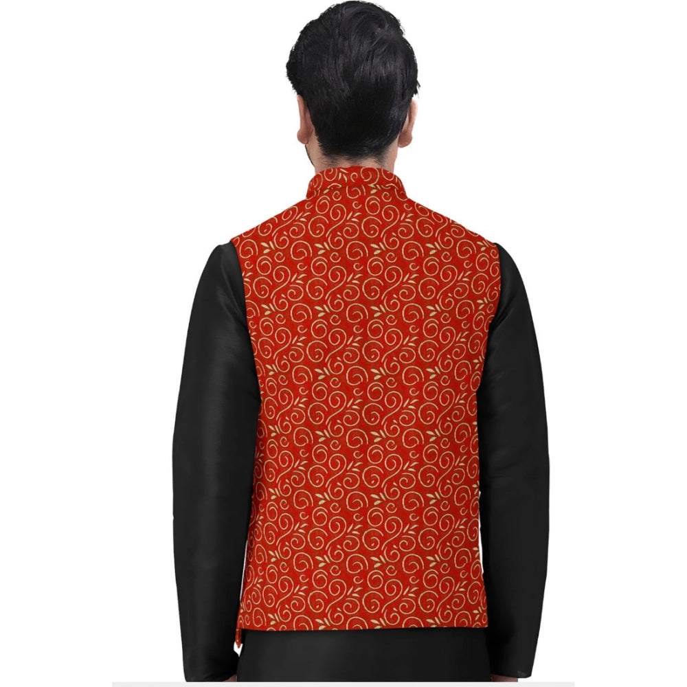 Roneclick Men's Jacquard Printed Full Sleeve Waistcoat (Red)