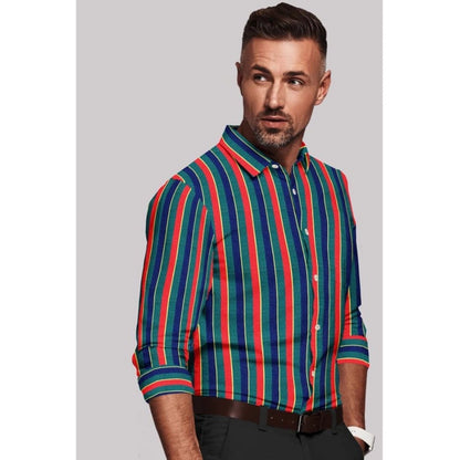 Roneclick Men's Cotton Blended Striped Full Sleeve Shirt (Red-Green)