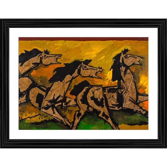 Roneclick Three Horses Painting With Wood Photo Frame (Multicolor)