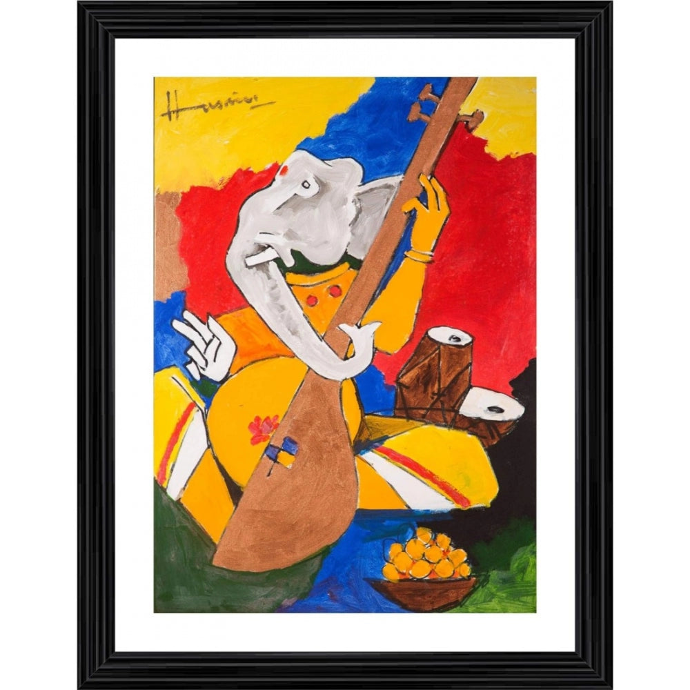 Roneclick Ganesh and Veena Painting With Wood Photo Frame (Multicolor)