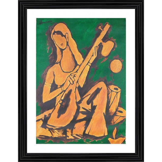 Roneclick Lady with Veena Painting With Wood Photo Frame (Multicolor)