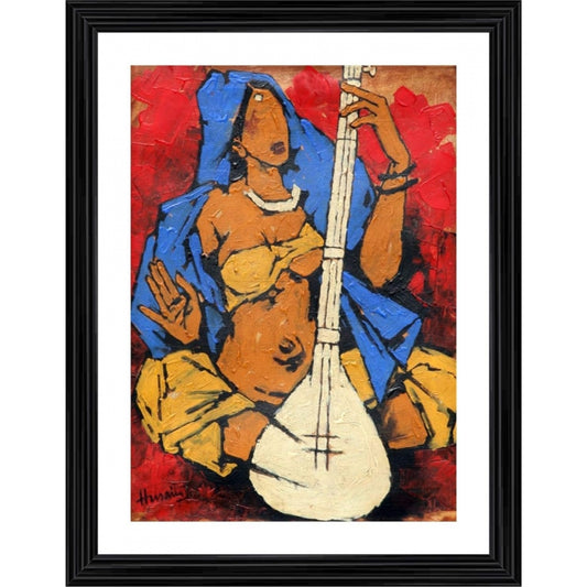 Roneclick Lady with Sitar Painting With Wood Photo Frame (Multicolor)