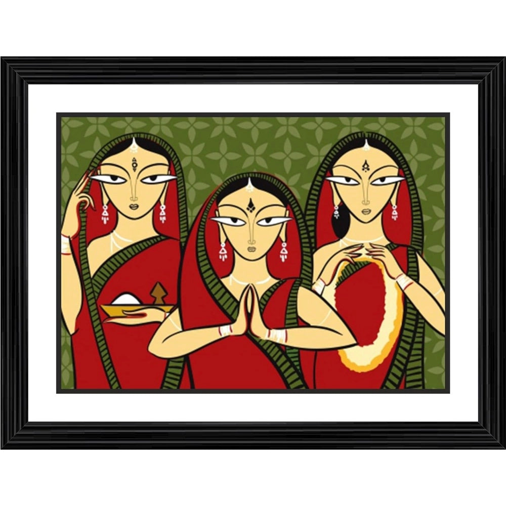 Roneclick Three Worshiping Women Painting With Wood Photo Frame (Multicolor)