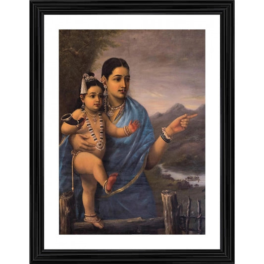 Roneclick Yashoda Pointing out to Balakrishna Cows 1870 Painting With Wood Photo Frame (Multicolor)