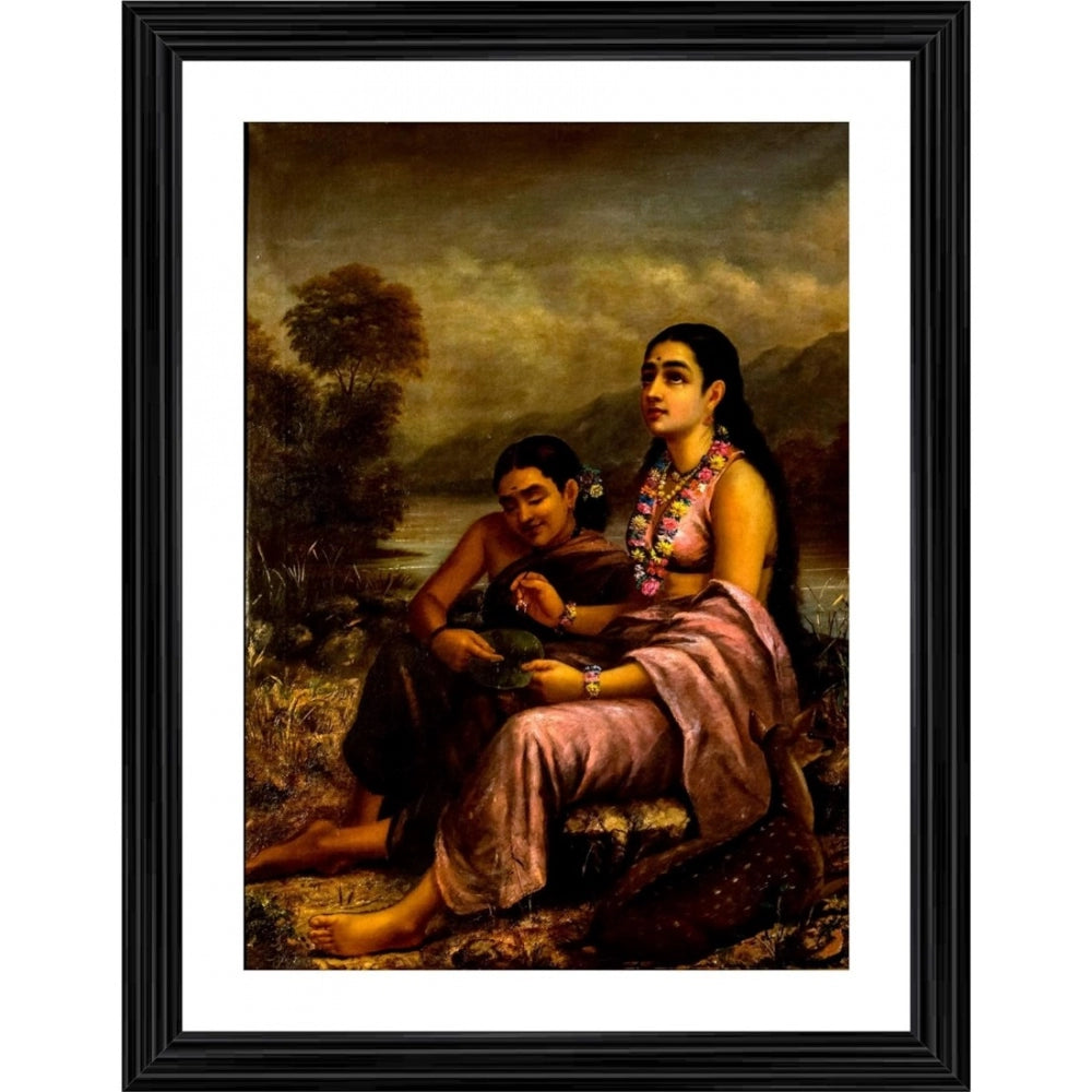 Roneclick Shakuntala writing a love letter on a lotus leaf 1900 Painting With Wood Photo Frame (Multicolor)