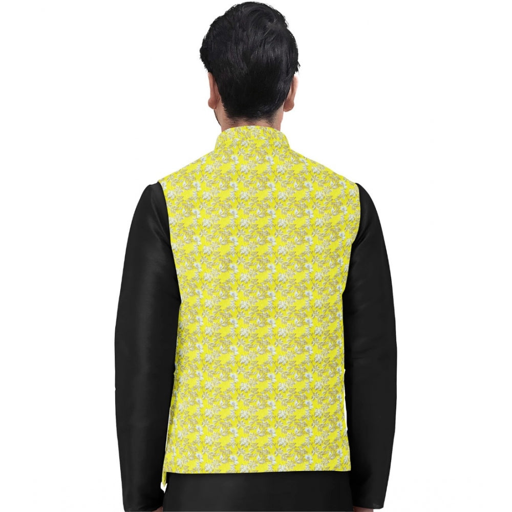 Roneclick Men's Jacquard Printed Full Sleeve Waistcoat (Yellow)