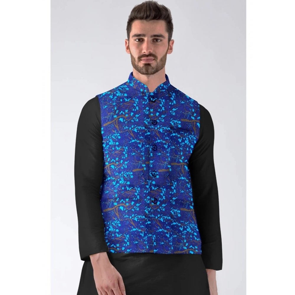 Roneclick Men's Jacquard Printed Full Sleeve Waistcoat (Blue)