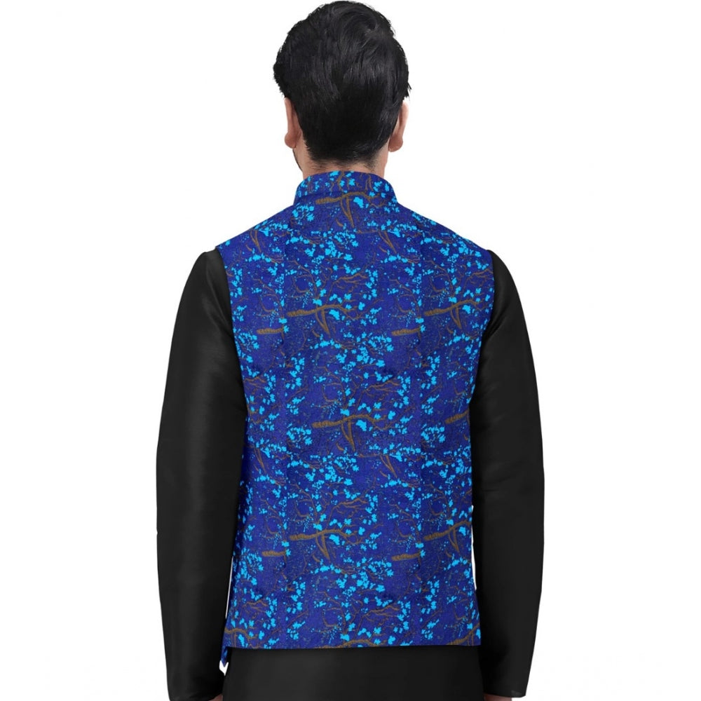 Roneclick Men's Jacquard Printed Full Sleeve Waistcoat (Blue)