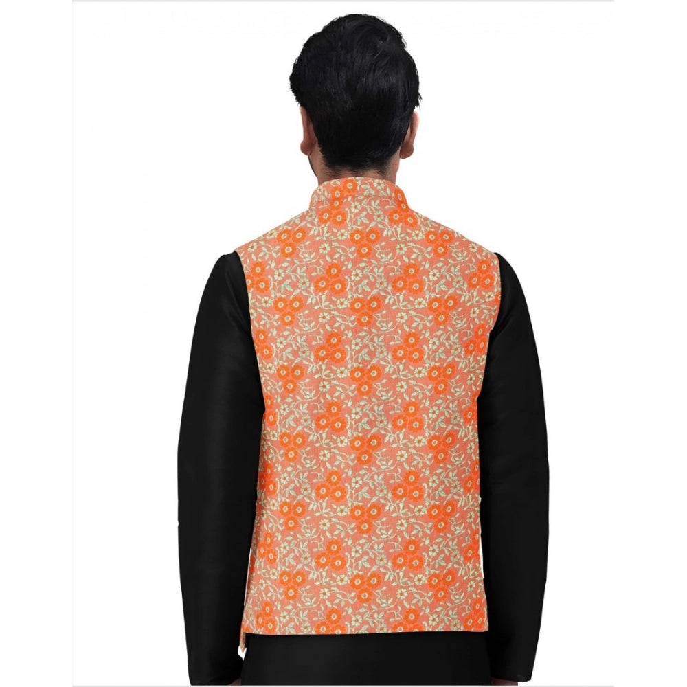 Roneclick Men's Jacquard Printed Full Sleeve Waistcoat (Orange)