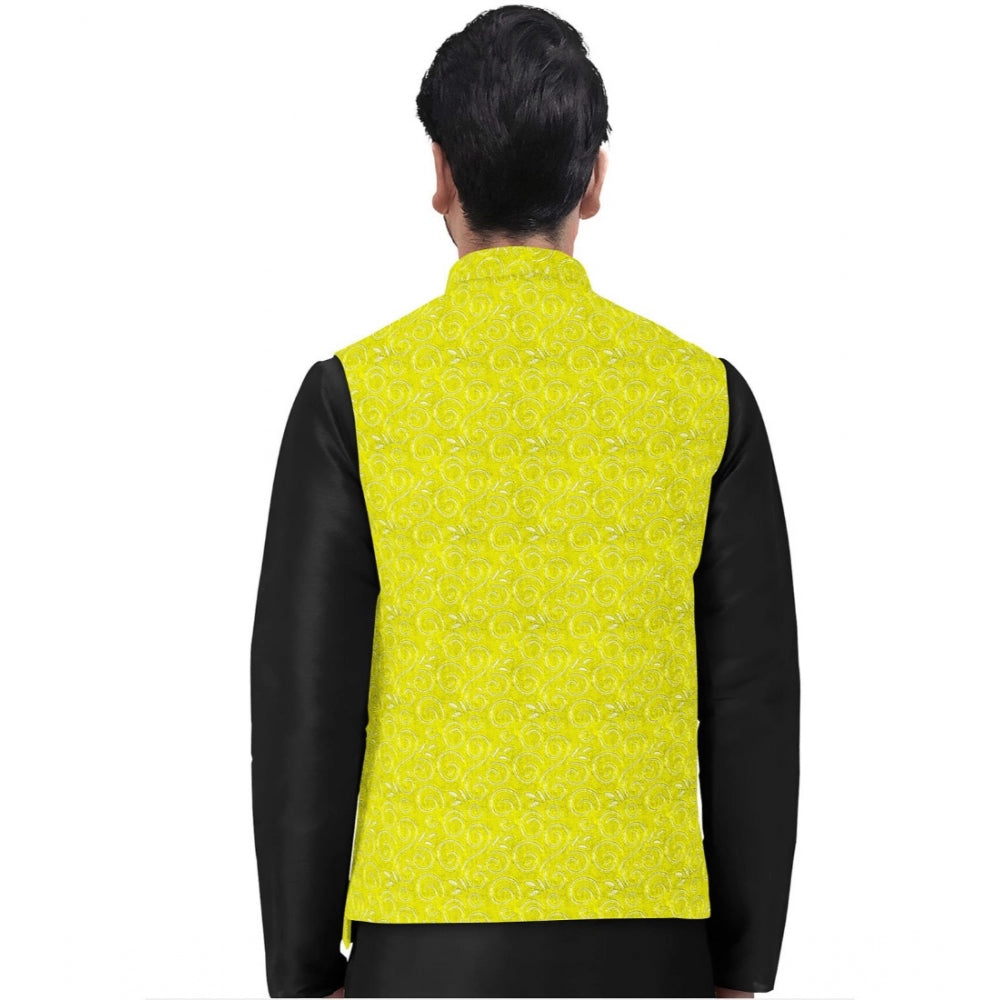 Roneclick Men's Jacquard Printed Full Sleeve Waistcoat (Yellow-Black)