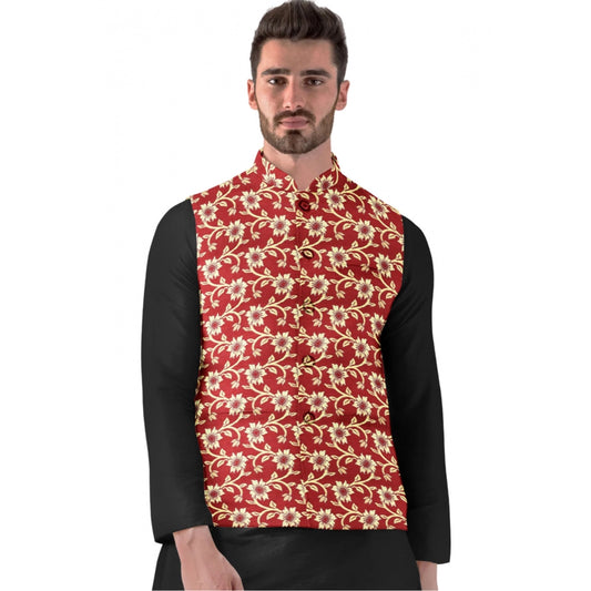 Roneclick Men's Jacquard Printed Full Sleeve Waistcoat (Red)