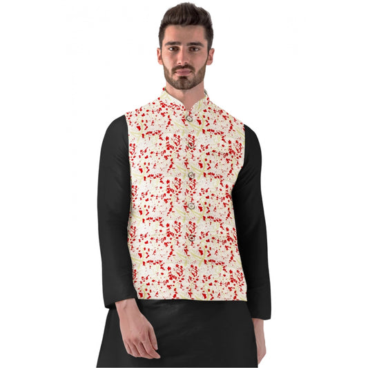 Roneclick Men's Jacquard Printed Full Sleeve Waistcoat (Red-Beige)