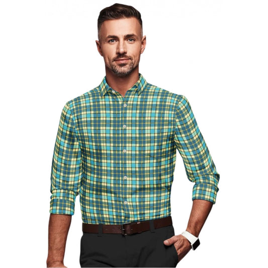 Roneclick Men's Cotton Blended Checked Full Sleeve Shirt (Green-Yellow)