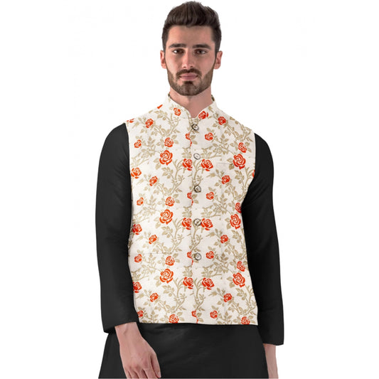 Roneclick Men's Jacquard Printed Full Sleeve Waistcoat (Orange-Beige)