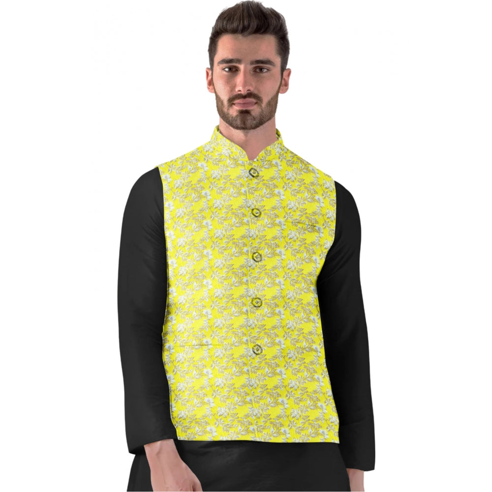 Roneclick Men's Jacquard Printed Full Sleeve Waistcoat (Yellow)