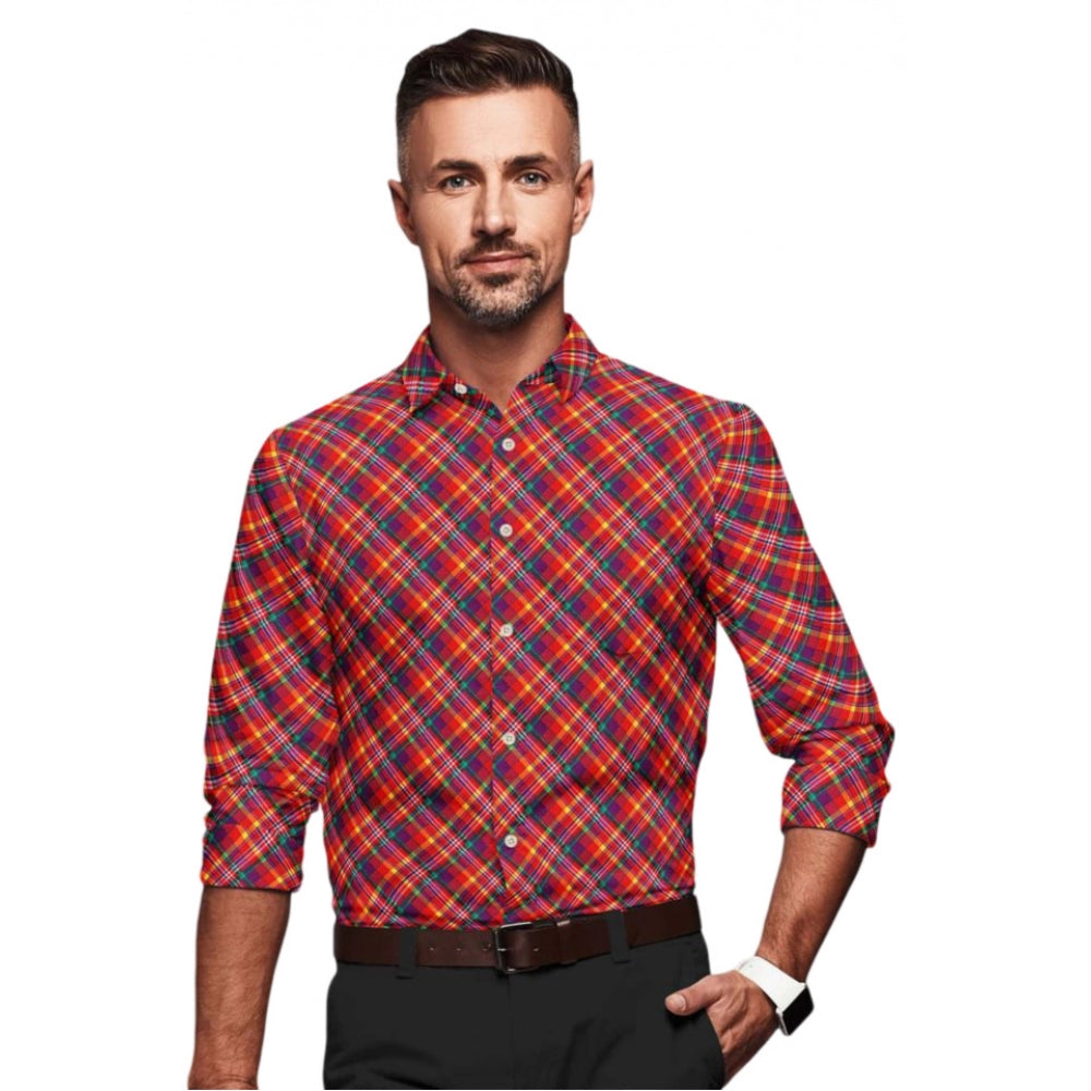 Roneclick Men's Cotton Blended Checked Full Sleeve Shirt (Red)